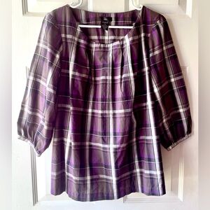 Ellos Purple Taupe Gray Black White Plaid Pleat Neck 3/4 Sleeve Smock Blouse 14W